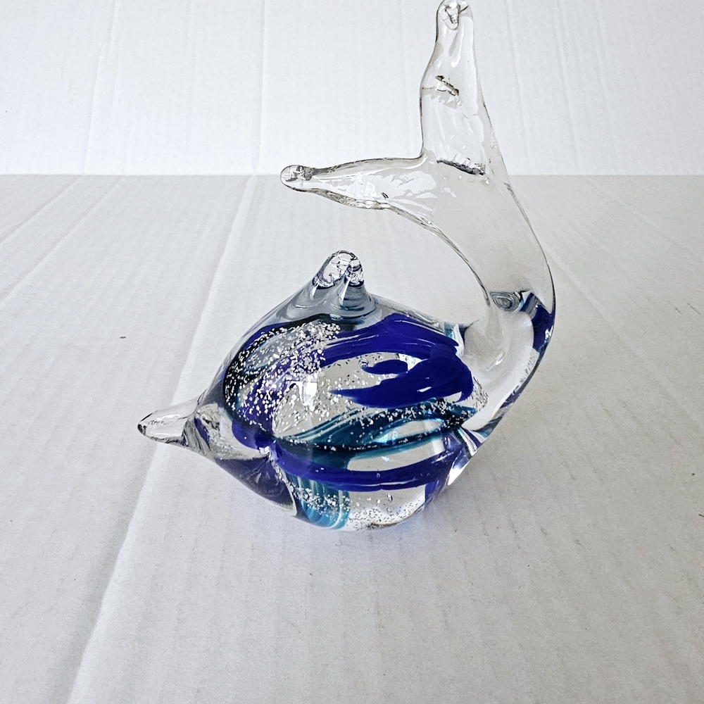 Hand-Blown Clear Glass Dolphin Sculpture with Blue Accents